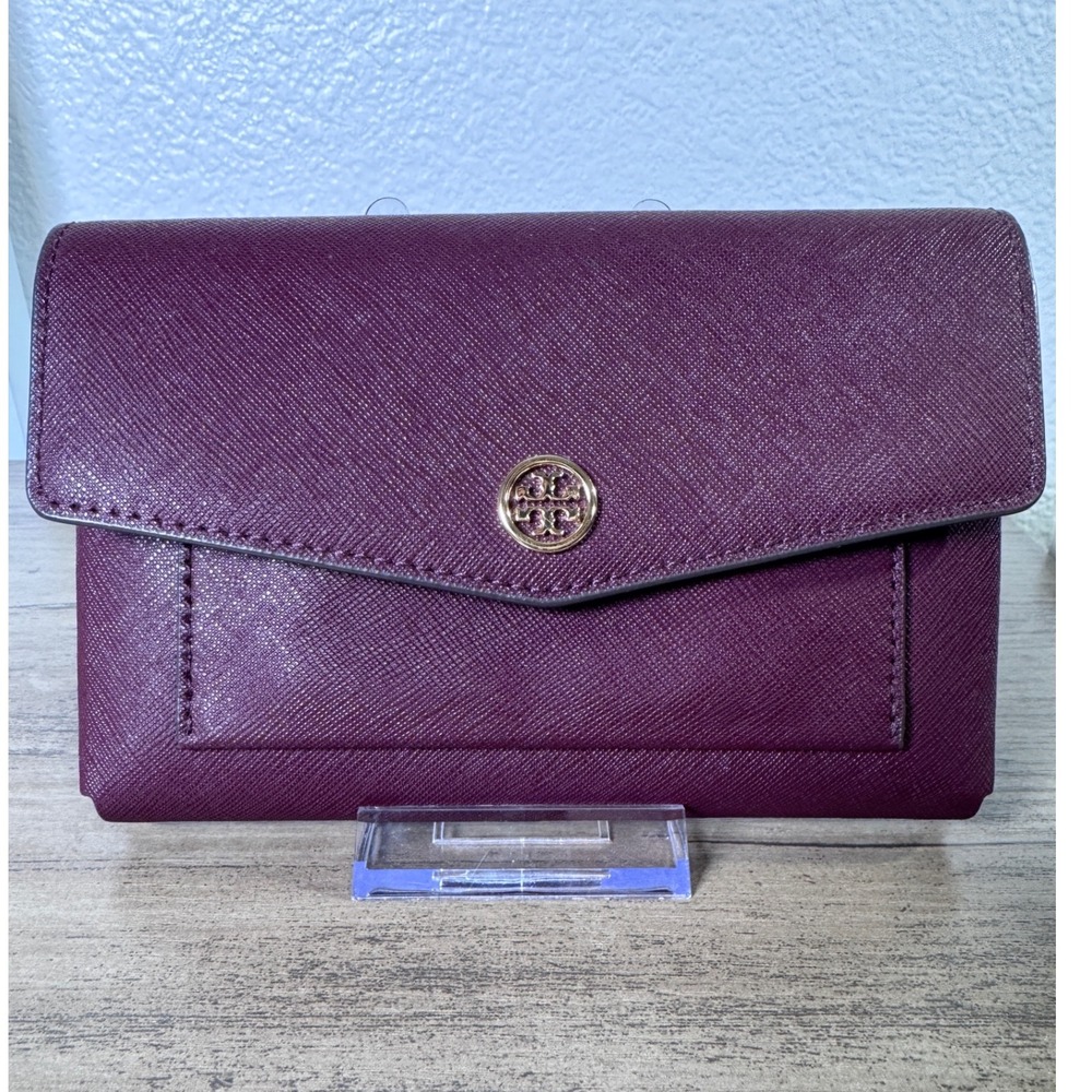 Tory Burch Robinson Continental Wallet Leather Plum Gold-Tone Logo‎